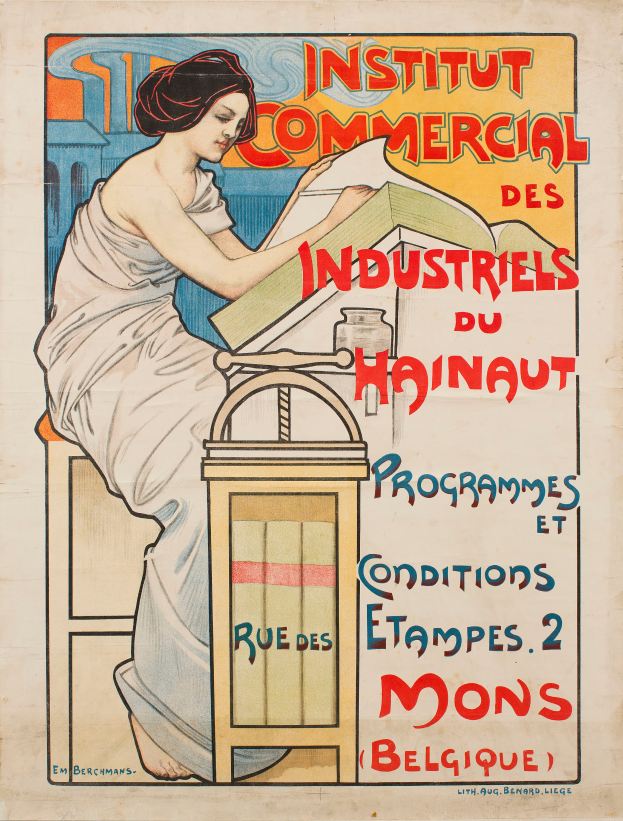 Eine Frau sitzt an einem Tisch mit einem Buch in den H├Ąnden auf einem Plakat, das das Institut Commercial des Industriels du Hainaut bewirbt, mit Text, der Informationen ├╝ber das Institut bereitstellt.