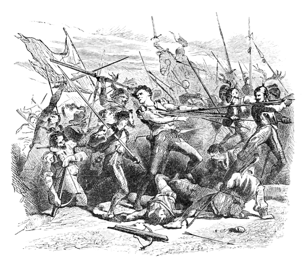 Eine Schwarz-Weiß-Zeichnung von kämpfenden Menschen.