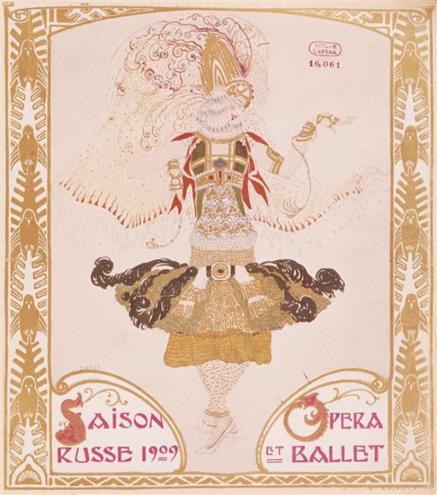 Ein Plakat, das eine Balletaufführung in Paris im Jahr 1909 ankündigt, mit einem Gemälde einer Person in einer anmutigen Pose, darüber in fetter Schrift 'Saison Russe' und 'Opera et Ballet'