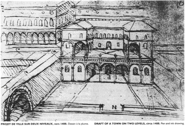 Eine Zeichnung eines mehrstöckigen Stadtplan mit zahlreichen Fenstern und Überdachungen, mit beschreibendem Text unten.