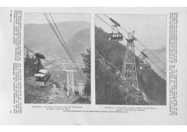 Schwarz-weiß-Foto einer Seilbahn, die einen bewaldeten Berg hinauffährt, mit zwei Seilbahn-Illustrationen und begleitendem Text.