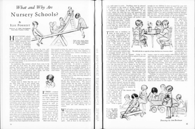 Ein aufgeschlagenes Buch mit einer Zeichnung von Kindern, die in einer Kita spielen, begleitet von Text, Bildern und einer Tabelle mit verschiedenen Gegenständen.