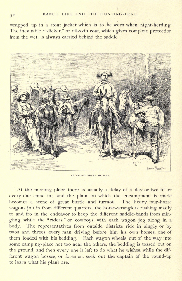 Ein Buchseitenbild mit einer Illustration von Cowboys auf galoppierenden Pferden in einer grünen Wiese, mit dem Text "Ranch Life and the Hunting Trail".