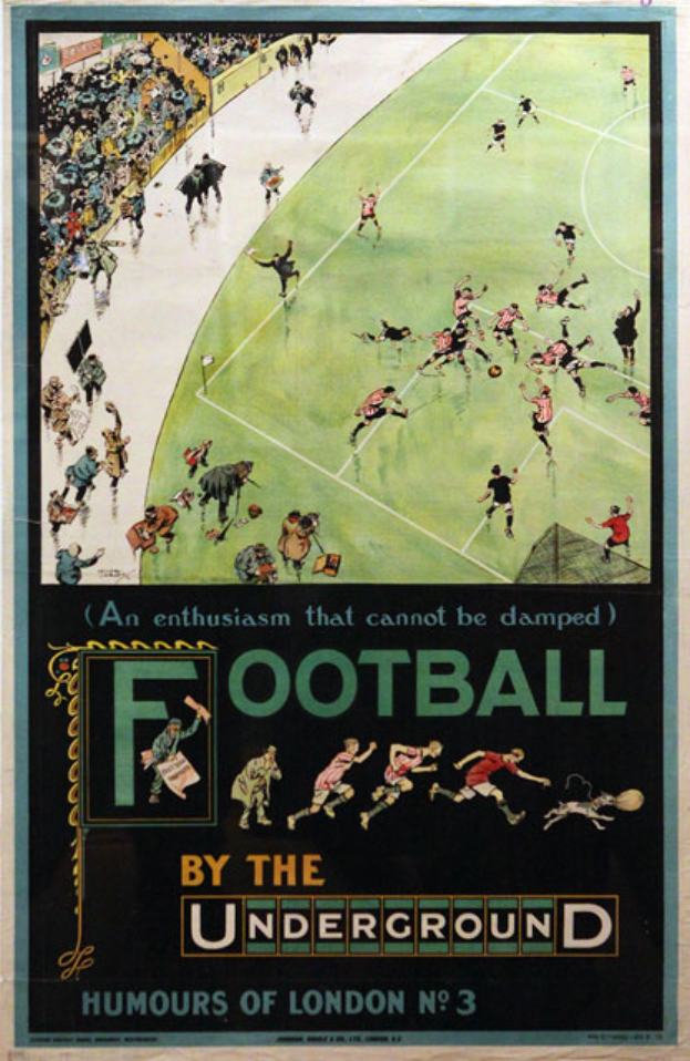 Ein Vintage-Plakat, das ein F├╝├čballspiel mit dem Titel "Football by the Underground - Humours of London No. 3" ank├╝ndigt, zeigt Zuschauer in einem Stadion.