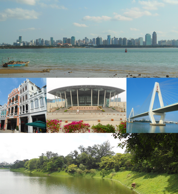 Eine Collage aus Fotos, die einen Fluss mit Gebäuden im Hintergrund, Boote auf dem Wasser, eine Brücke auf der rechten Seite, Bäume, blühende Pflanzen, Gras und einen bewölkten Himmel zeigen.
