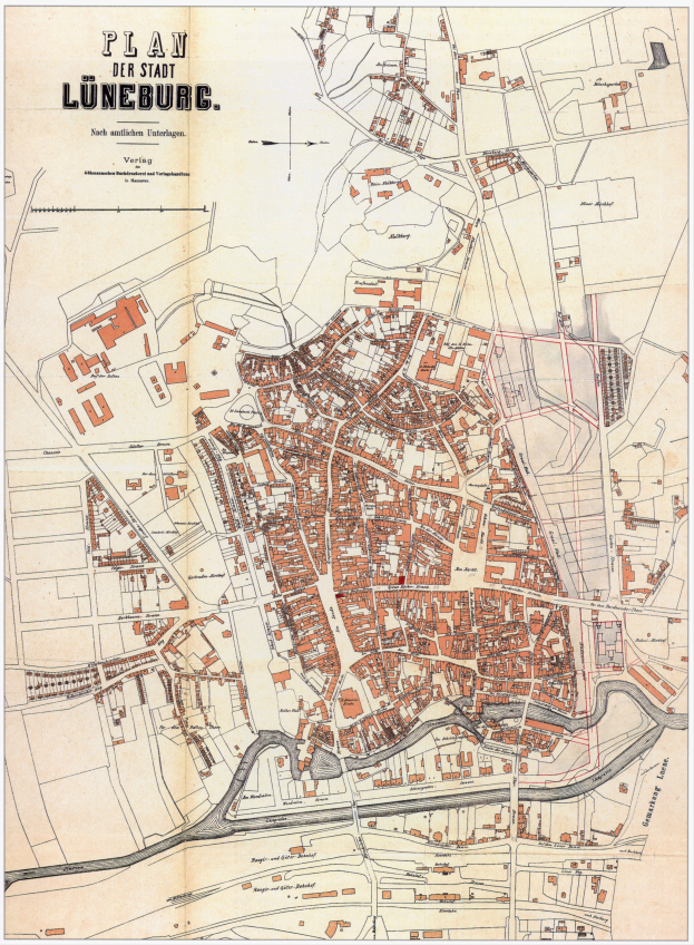 Ein detailliertes altes Stadtplan von Lüneburg, Deutschland, der Straßen, Gebäude und Sehenswürdigkeiten zeigt, begleitet von Texten über die Bevölkerung und Merkmale der Stadt.