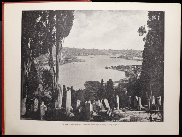 Schwarzes und weißes Foto eines Friedhofs mit einem See im Hintergrund, umgeben von Bäumen und Gebäuden, unter einem bewölkten Himmel mit Text unten.