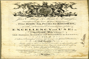 Ein altes Dokument mit einem Wappen, Text und einem Logo, das eine feine britische Tintenpulver für Schallplatten und ihre Verwendungen beschreibt.
