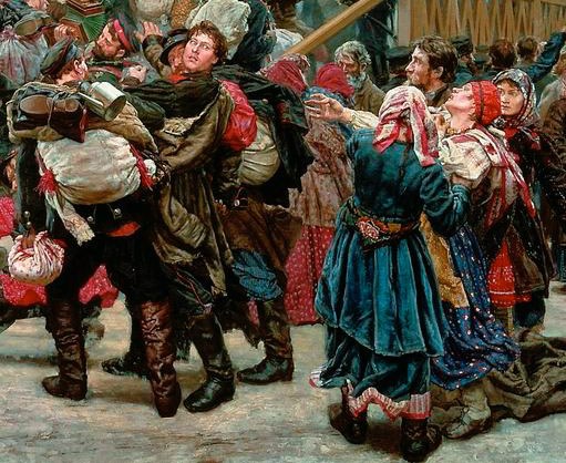Gemälde, das eine lebhafte Szene von Menschen zeigt, die in traditioneller russischer Kleidung während der russischen Revolution tanzen, mit einigen Gegenständen in der Hand, vor einer Menge und einem hölzernen Haus im Hintergrund.