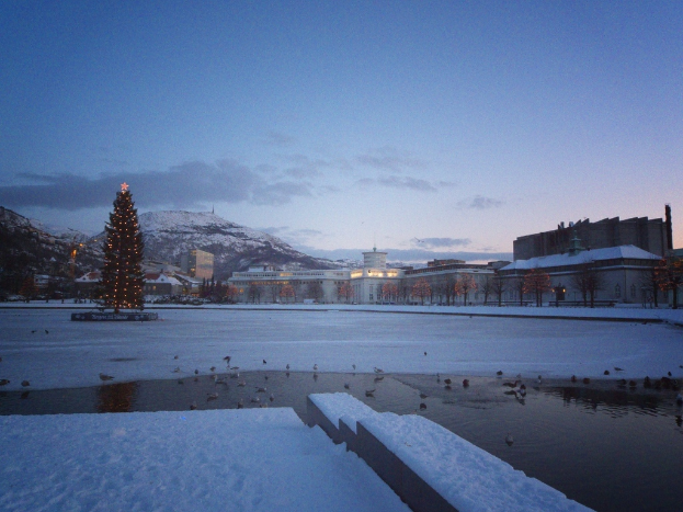 Stadtansicht mit Gebäuden, Häusern und Bäumen auf beiden Seiten, einem geschmückten Weihnachtsbaum links, Bergen und Schnee im Hintergrund, einem bewölkten Himmel darüber und ein paar Vögeln auf einem Gewässer darunter.