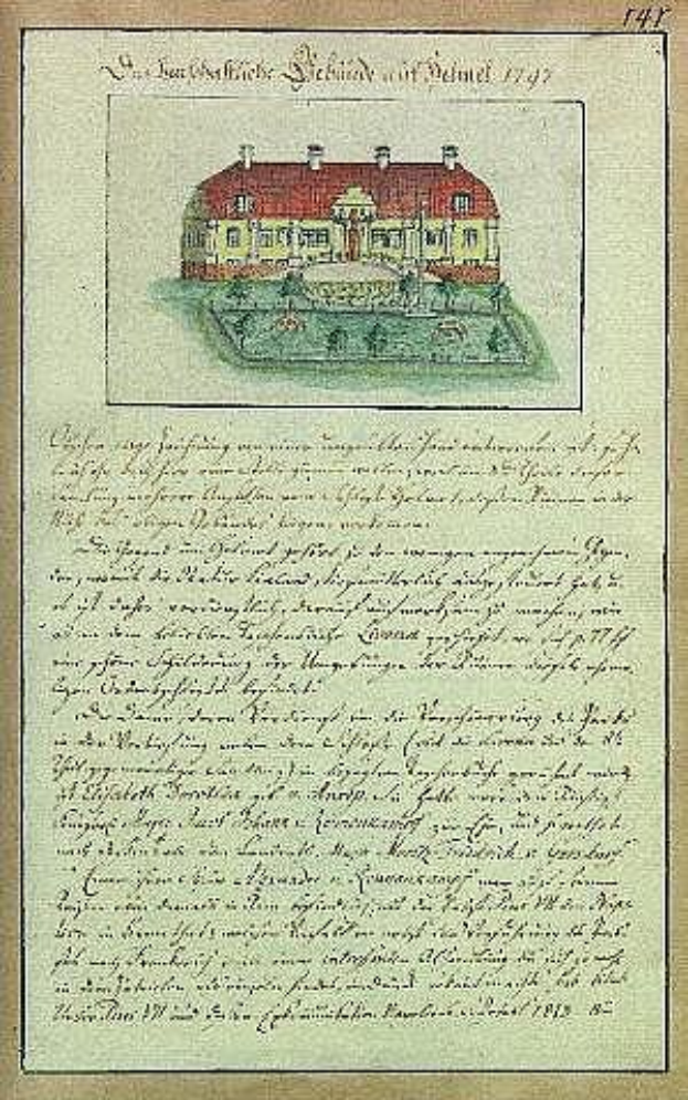 Ein detailliertes Haus drawing mit rotem Dach und weißen Wänden auf einem alten Dokument, unterzeichnet von der Schleswig-Holstein-Schule Delmar in Deutschland, datiert 1797.