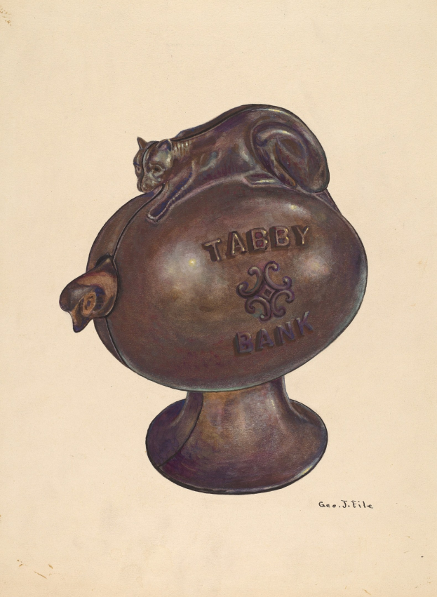 Eine Zeichnung einer getigerten Katze, die auf einem 'Tabby Bank' Sparschwein sitzt, mit zusätzlichem Text unten.