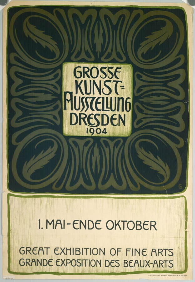 Plakat für die Große Kunstausstellung an der Großen Ausstellung der Schönen Künste in Dresden, Deutschland, 1904, mit fettem Text, der das Ereignis ankündigt.