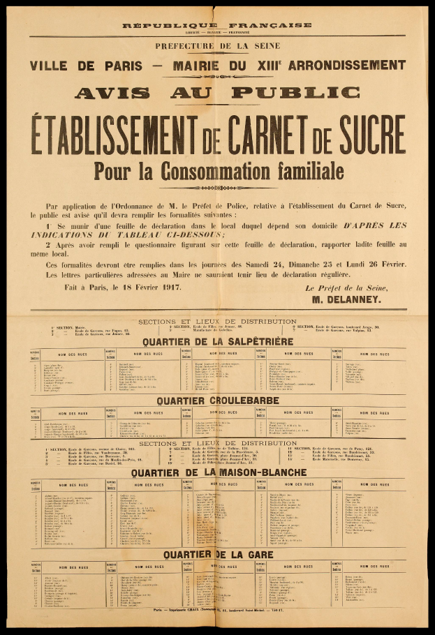 Eine alte Zeitungsannonce zur Gründung des Carnet de Sucre für die Consommation Familiale, die Text enthält, der Informationen über die Gründung bereitstellt.