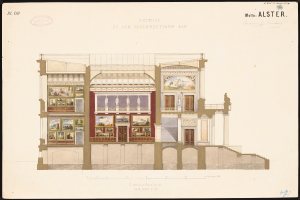 Ein detailliertes Bild einer Opernhausfassade, geschmückt mit Fenstern, Türen, Säulen und farbenfrohen Gemälden, die Innenansichten zeigen, mit begleitendem Text, der historische Informationen liefert.