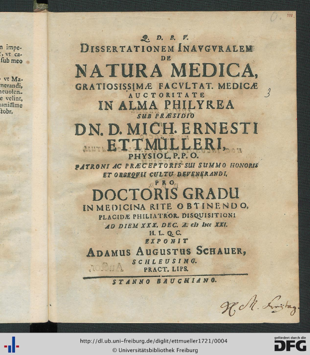 Offenes Buch mit dem Titel "Dissertationen in Inaugvraalem de Natura Medica, Gratisissima Facultat, Medica in Alma Philyrea" in Kursivschrift, mit einem hellblauen Umschlag mit weißer Einfassung und einer kleinen medizinischen Staffage-Illustration oben rechts.