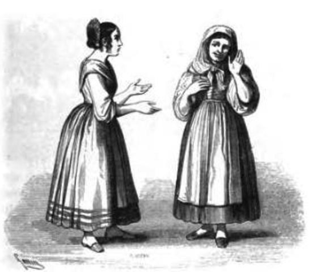 Schwarzes und weißes Foto von zwei Frauen in Kleidern des 19. Jahrhunderts, die stehen und sich unterhalten, mit Text unten, der "Frauen des 19. Jahrhunderts" lautet.