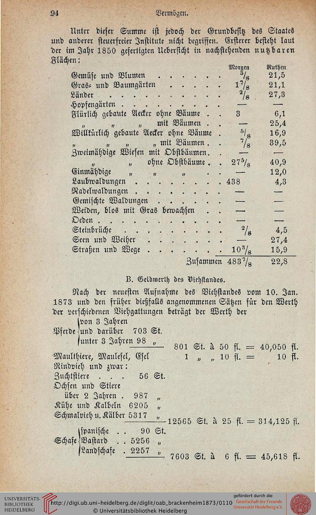 Titelblatt der 1873er Ausgabe der Universität Heidelberg mit Text und Zahlen zur Geschichte der Universität.