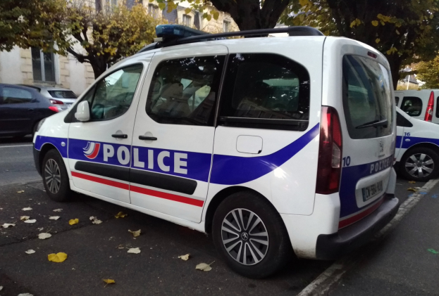 Polizeifahrzeug auf der Seite einer Straße mit Gebäuden, Bäumen und heruntergefallenen Blättern im Hintergrund geparkt.
