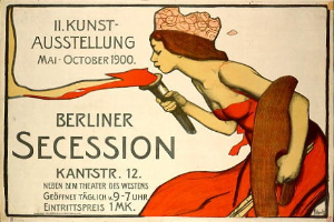 Plakat aus dem Jahr 1900, das eine Berliner Secession ankündigt und eine Frau in rotem Kleid zeigt, die ein Objekt hält, sowie Text mit Veranstaltungshinweisen.