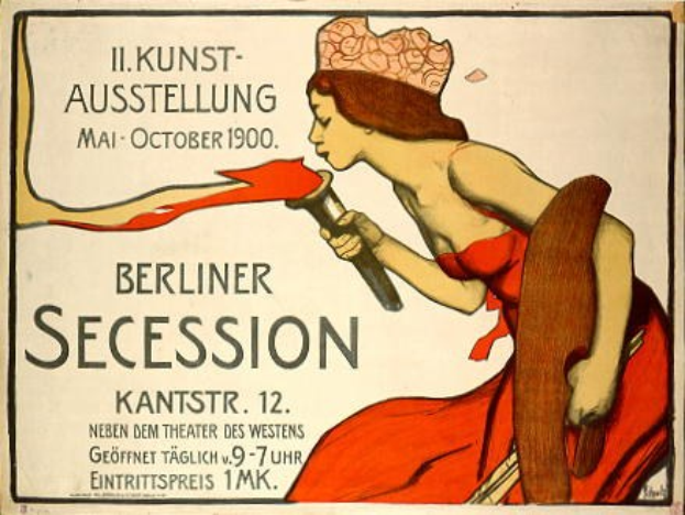 Plakat aus dem Jahr 1900, das eine Berliner Secession ankündigt und eine Frau in rotem Kleid zeigt, die ein Objekt hält, sowie Text mit Veranstaltungshinweisen.