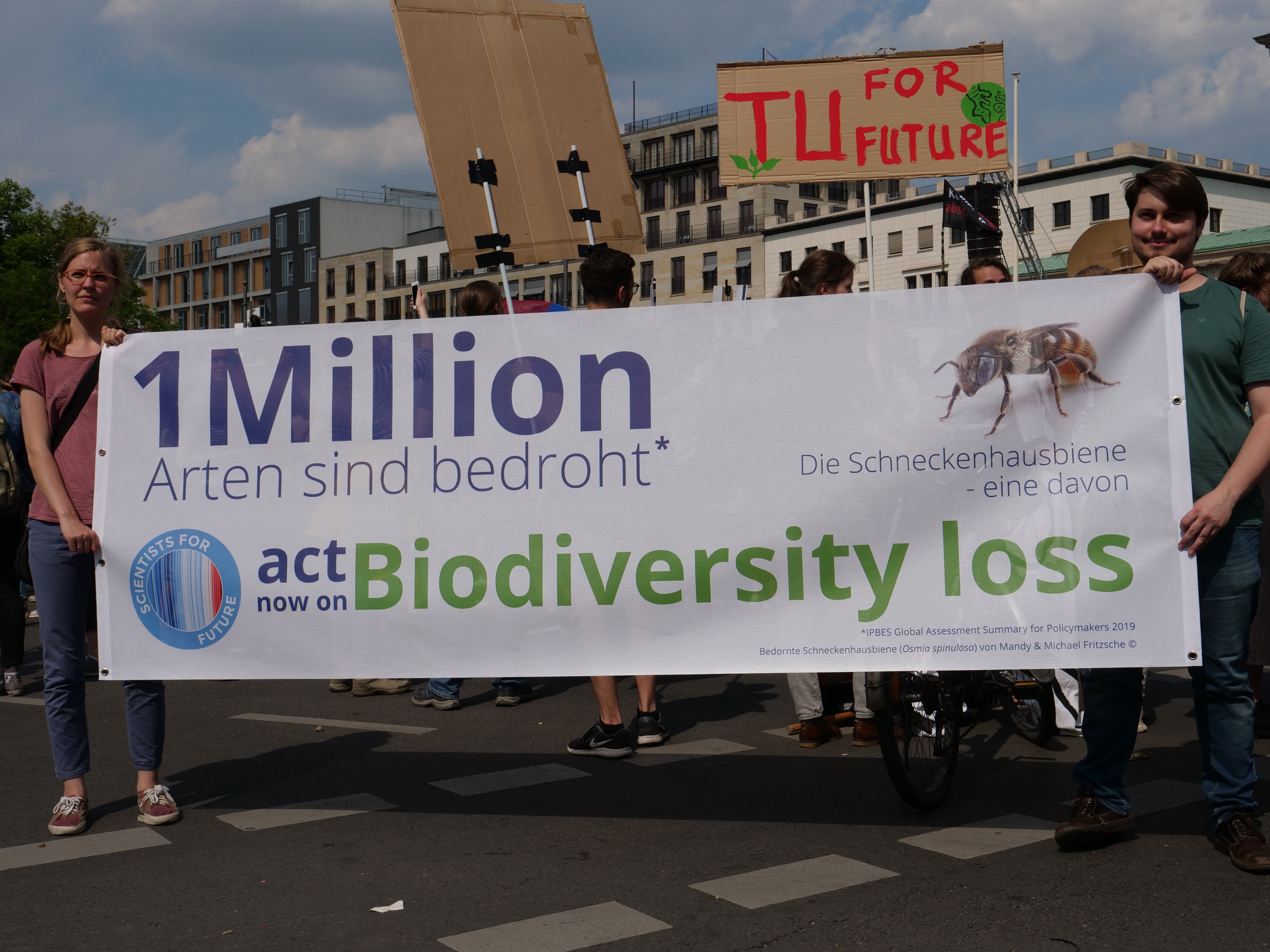 Eine Gruppe von Menschen, die auf einer Straße stehen und ein Banner halten, auf dem "1 Million handeln für den Erhalt der Biodiversität" steht, mit Gebäuden, Bäumen und einem klaren blauen Himmel im Hintergrund.