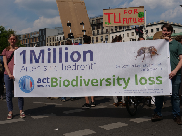 Eine Gruppe von Menschen, die auf einer Straße stehen und ein Banner halten, auf dem "1 Million handeln für den Erhalt der Biodiversität" steht, mit Gebäuden, Bäumen und einem klaren blauen Himmel im Hintergrund.