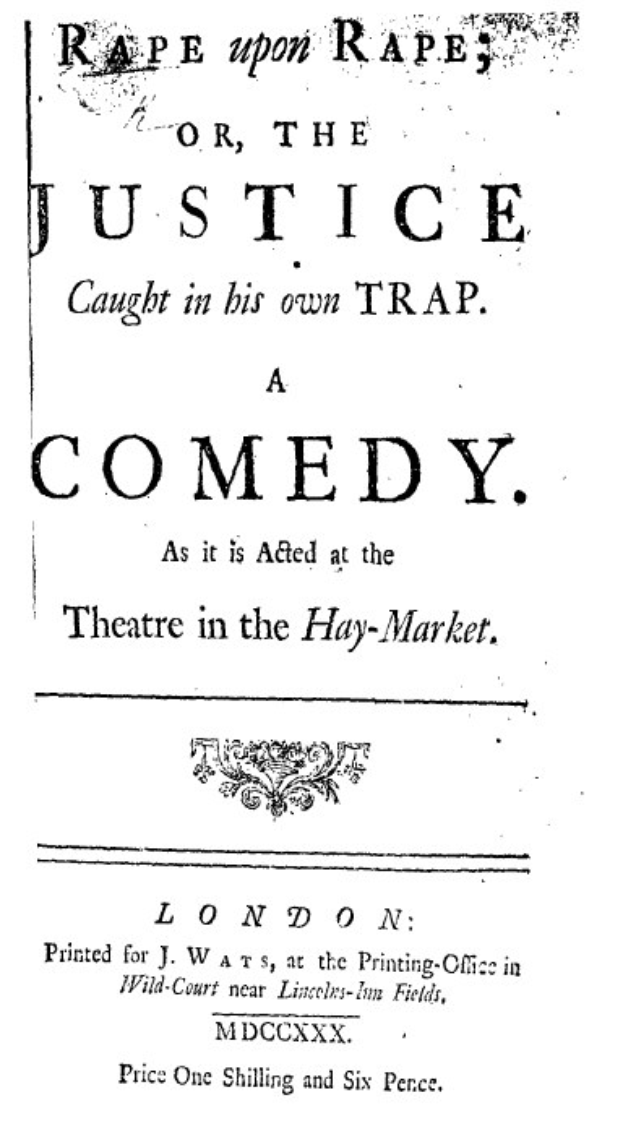 Schwarzes und weißes Plakat mit fetter schwarzer Schrift, die "Vergewaltigung über Vergewaltigung oder die Justiz in seiner eigenen Falle" lautet, wahrscheinlich Ankündigung einer Comedy-Show.