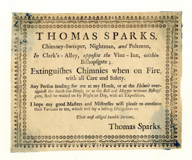 Papier mit gedrucktem Text, der die Schornsteinfegerdienste von Thomas Sparks ankündigt, einschließlich seiner Lage und seiner Feuerlöschfähigkeiten.
