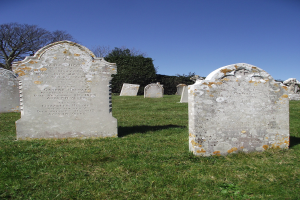 Ein Friedhof mit zahlreichen Gräbern, Gras auf dem Boden und Bäumen und Himmel im Hintergrund.