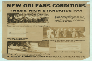 Ein Plakat mit Text und Bildern von Menschen, einer davon fährt ein Fahrrad, mit der Aufschrift "New Orleans Bedingungen: Diese hohen Standards zahlen sich aus."