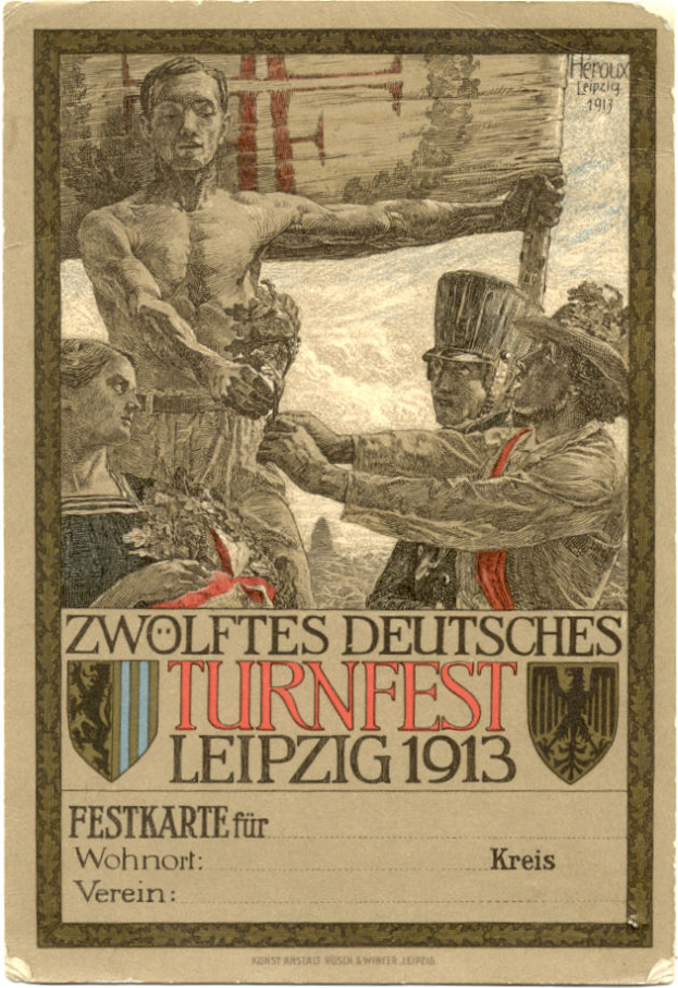 Ein Vintage-Plakat für das Zwölfte Deutsche Turnfest Leipzig 1913, das eine Gruppe von Menschen in der Mitte zeigt, mit Text, der Informationen zum Ereignis enthält.
