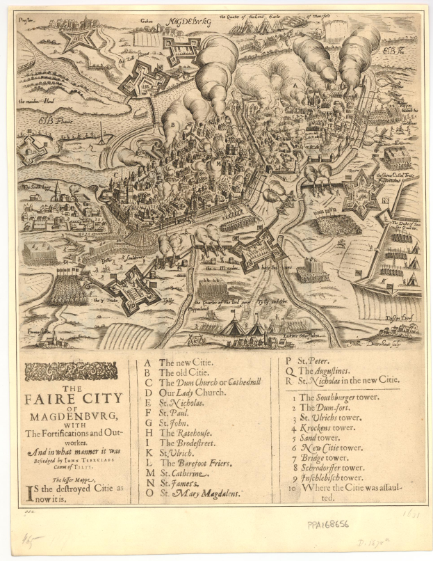 Ein detaillierter alter Stadtplan von Magdeburg, Deutschland, der Straßen, Gebäude, Sehenswürdigkeiten und begleitenden Text zeigt, der die Bevölkerung, Sehenswürdigkeiten und Straßen der Stadt beschreibt.