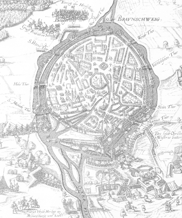 Eine Schwarz-Weiß-Karte von Braunschweig, Deutschland, mit Straßen, Gebäuden und anderen Merkmalen sowie Textbeschriftungen.