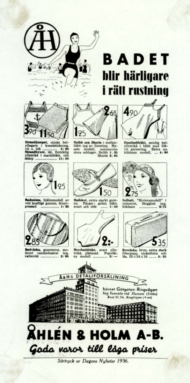 Eine Frau mit einem Pferdeschwanz, die einen weißen Bikini mit blauen und weißen Streifen trägt, schaut direkt in die Kamera, umgeben von Bildern von modernen Gebäuden und fettem Text.