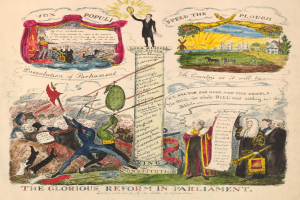 Ein buntes Papier mit fetter Schrift und Bildern von verschiedenen, lächelnden Menschen, das eine Parlamentsreform mit Hoffnung und Optimismus zeigt.