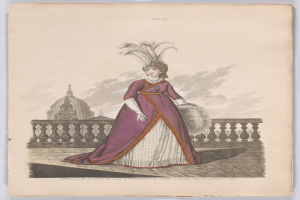 Frau in einem purpurweißen Kleid mit einer Federhaube, die an einem Geländer steht, mit einem Gebäude und Wolken im Hintergrund, beschriftet mit 'Fashion of New York, New York Street, 1790.'