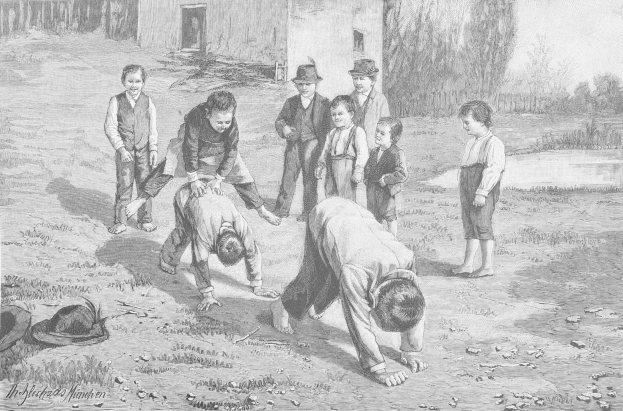 Schwarz-weißes Bild von Kindern auf einem Feld, mit zwei kämpfenden Jungen in der Mitte und anderen Zuschauern sowie einem Hut und Text auf der linken Seite.