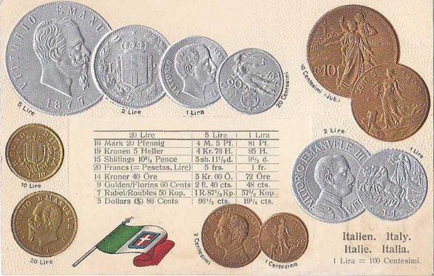 Eine Sammlung italienischer Münzen von 1877-1910, darunter mehrere 20-Lire-Münzen, die in einer Reihe mit Text und Porträts angeordnet sind, neben zwei Flaggen, darunter die italienische Flagge unten.