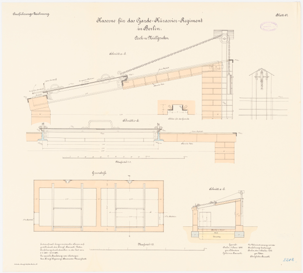 Eine Zeichnung eines Gebäudes mit einem Kran darauf, das als Teil des Häschen für das Garde-Münster-Regiment in Berlin bezeichnet wird, auf einem Stück Papier mit Text.