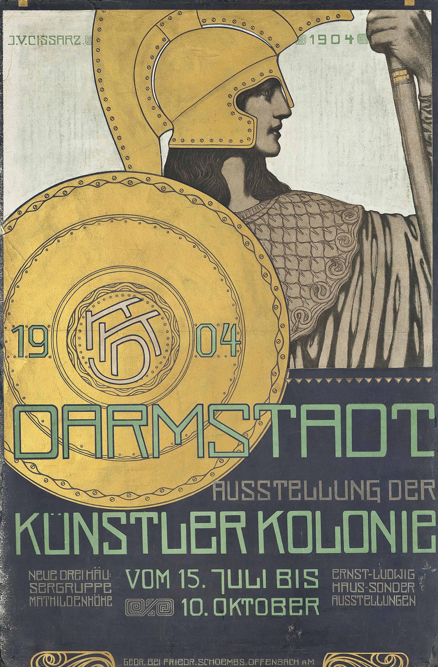 Plakat f├╝r ein 1904er Berlin-Konzert mit einem Helmtr├Ąger, der ein Schild mit «Darmstadt» und «K├╝nstler Kolonie» h├Ąlt.