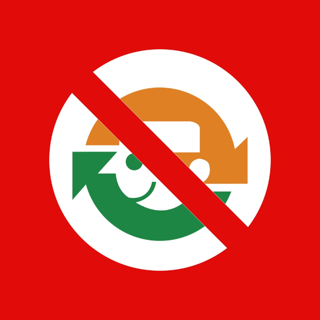 Ein rotes und weißes Schild mit einem nach rechts zeigenden Pfeil und fetter schwarzer Schrift, die "Keine Recycling" lautet.