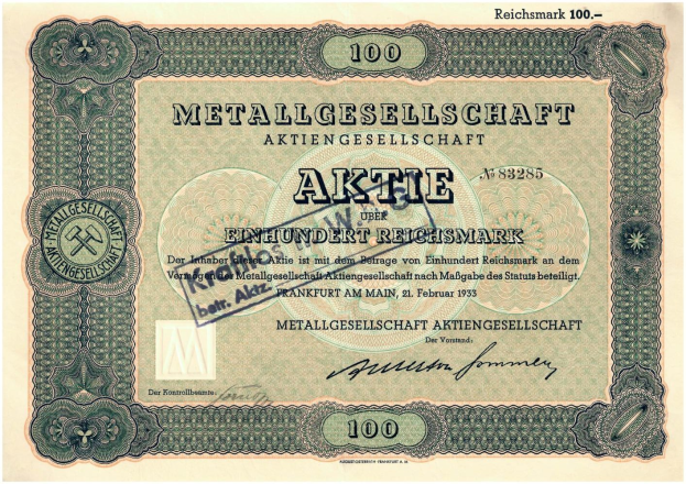 Alte deutsche 100 Reichsmark-Banknote von 1933 mit "Metallgesellschaft Aktie"-Text darauf.