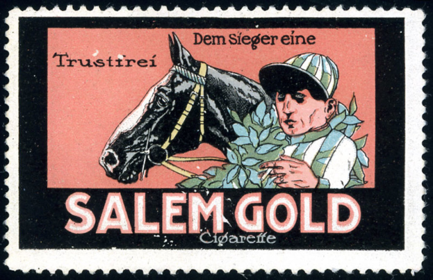 Eine Briefmarke mit einem Bild eines Pferdes und eines Mannes mit Text darunter.