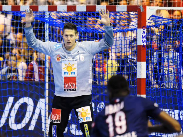 Handballspieler hebt Hände in der Nähe eines Tors bei der Futsal-Weltmeisterschaft 2019, mit Zuschauern im Hintergrund und einem Netz im Vordergrund.