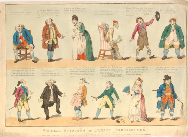 Zeitung mit Abbildungen von Menschen und handgeschriebenem Text, die die öffentliche Meinung zu Verfahren darstellen.