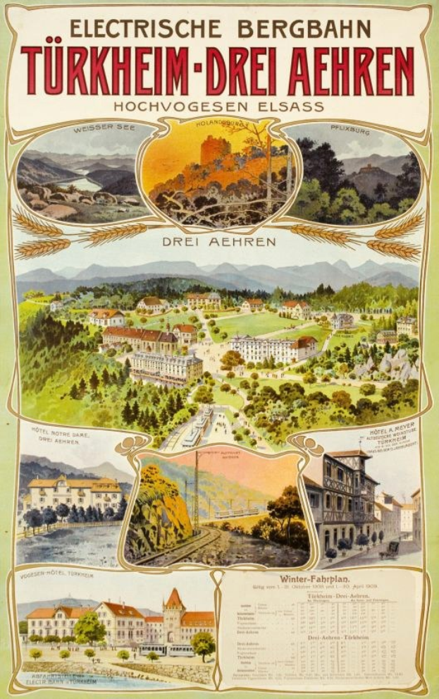 Plakat wirbt für Bergbahn, Deutschland als Elektrostadt mit Bildern von Gebäuden, Bäumen, Hügeln und beschreibendem Text.