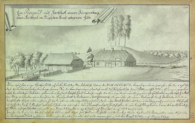Ein vergilbtes Dokument mit der Aufschrift "Surgensburg, Deutschland - Landschaft eines Hofes", das einen Hof zeigt, der von Häusern, Bäumen und einem Himmel umgeben ist.
