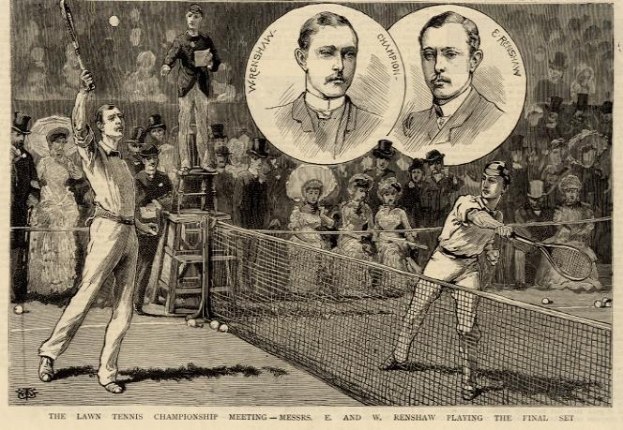 Schwarze und weiße Zeichnung von zwei Männern, die Tennis auf einem Platz spielen, mit Zuschauern im Hintergrund und der Inschrift "The Lawn Tennis Championship Meeting - Messers, E und W Renshaw spielen das entscheidende Spiel" unten.