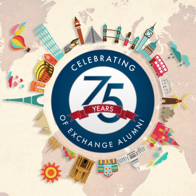 Plakat zum 75-jährigen Jubiläum der Austausch-Alumni mit blau-weißem Logo und farbenfroher Globe-Illustration und strahlender Sonne